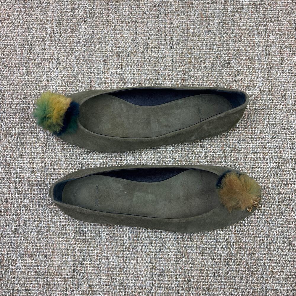 🫒 Made in Italy Olive Suede Pom Pom Flat | EU 40 / US 9.5 | Artisan Luxury